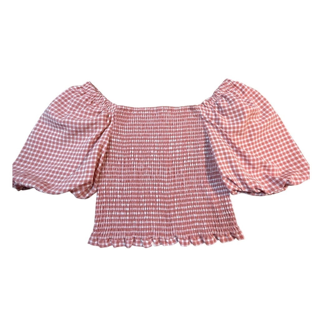 BB Dakota by Steve Madden Pink Gingham Smocked Off-Shoulder Crop Top